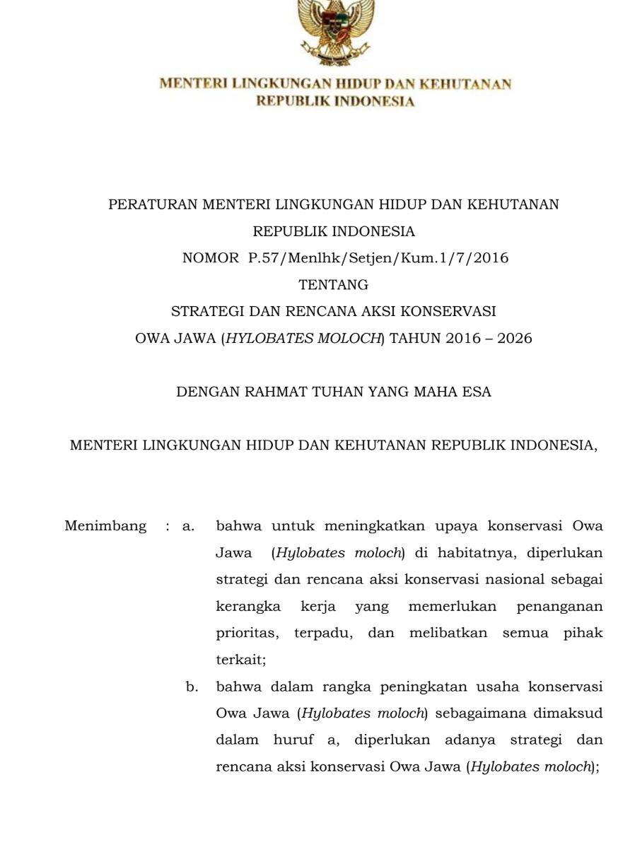 Dokumen SRAK STRATEGI DAN RENCANA AKSI KONSERVASI OWA JAWA (HYLOBATES MOLOCH) TAHUN 2016 – 2026