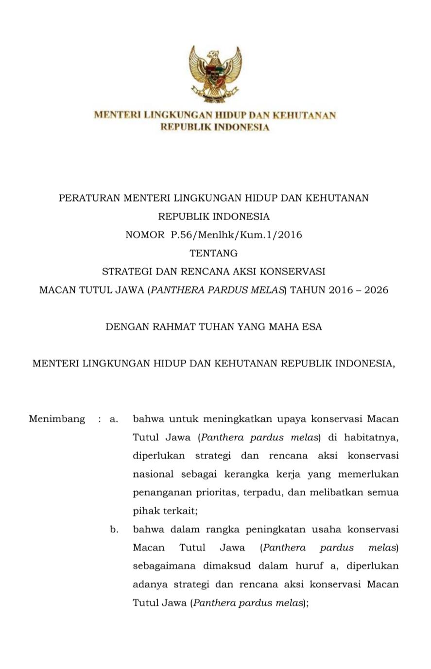 Dokumen SRAK STRATEGI DAN RENCANA AKSI KONSERVASI  MACAN TUTUL JAWA (PANTHERA PARDUS MELAS) TAHUN 2016 – 2026