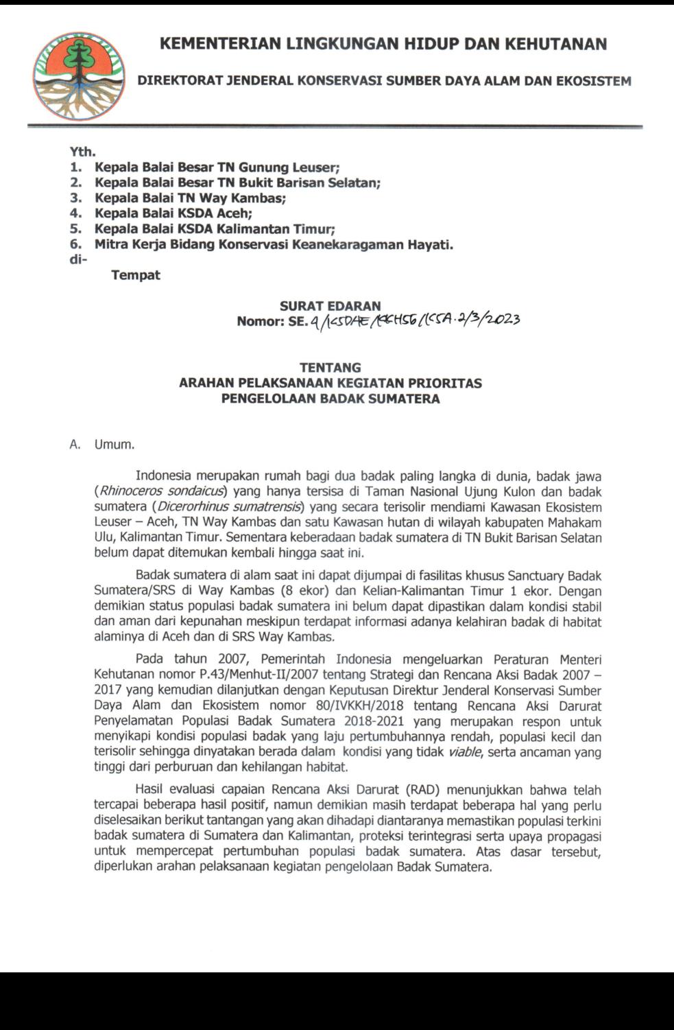 Dokumen SRAK Surat Edaran (SE) Direktur Jenderal Konservasi Sumber Daya Alam dan Ekosistem (KSDAE) Nomor: SE. 4/145DHE 19CH56/1C5A.2/3/2023 tentang Arahan Pelaksanaan Kegiatan Prioritas Pengelolaan Badak Sumatera.