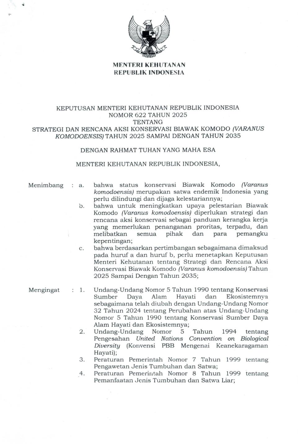 Dokumen SRAK Keputusan Menteri Kehutanan Nomor 622 Tahun 2025 tentang Strategi dan Rencana Aksi Konservasi Biawak Komodo