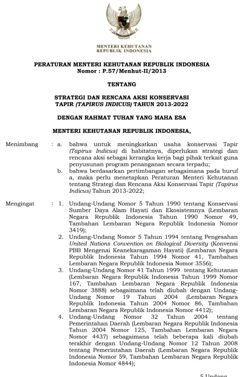 Dokumen SRAK Strategi dan Rencana Aksi Konservasi Tapir (Tapirus Indicus) Tahun 2013-2022: