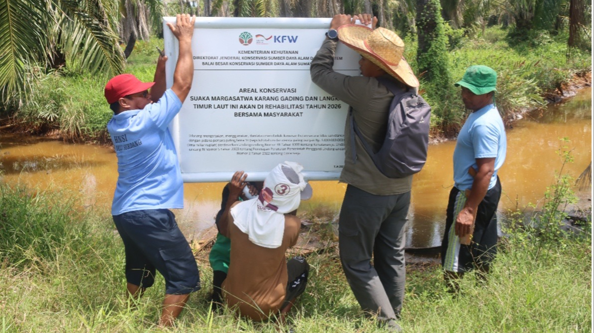 Banner Pemulihan Ekosistem 2026 Dimulai, Plang Pemulihan Ekosistem Telah Terpasang di SM. Karang Gading dan Langkat Timur Laut