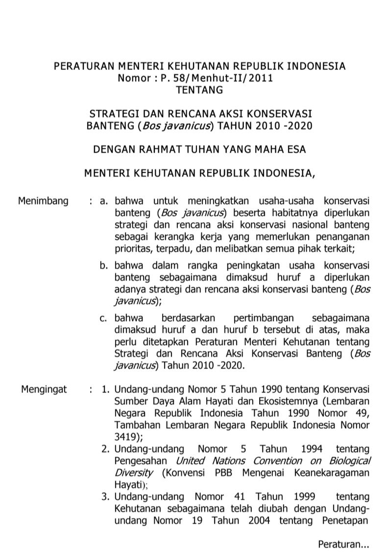Dokumen SRAK STRATEGI DAN RENCANA AKSI KONSERVASI BANTENG (Bos javanicus) TAHUN 2010 -2020