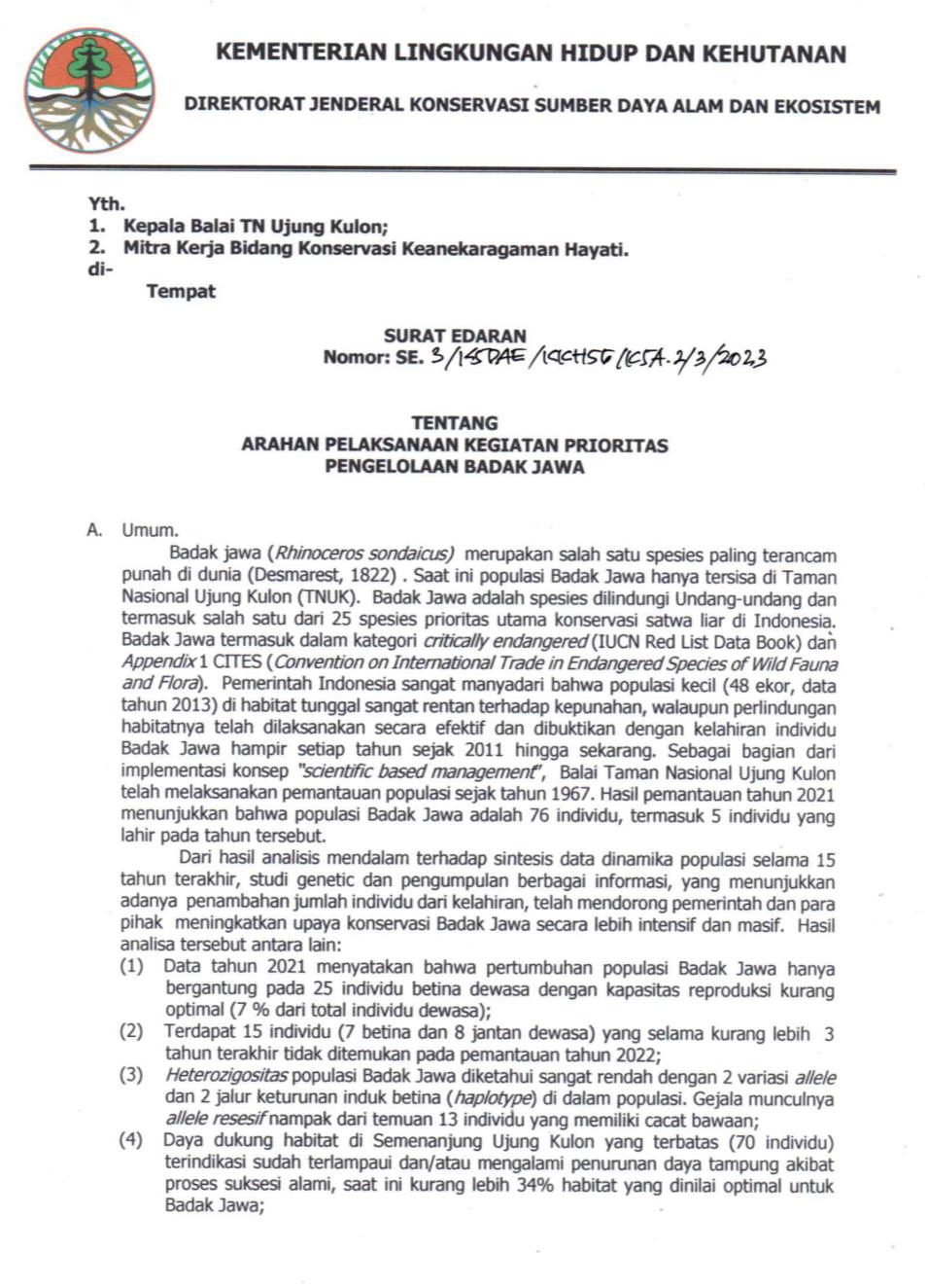 Dokumen SRAK Surat Edaran Direktur Jenderal KSDAE Nomor SE. 3/2023 tentang Arahan Pelaksanaan Kegiatan Prioritas Pengelolaan Badak Jawa.
