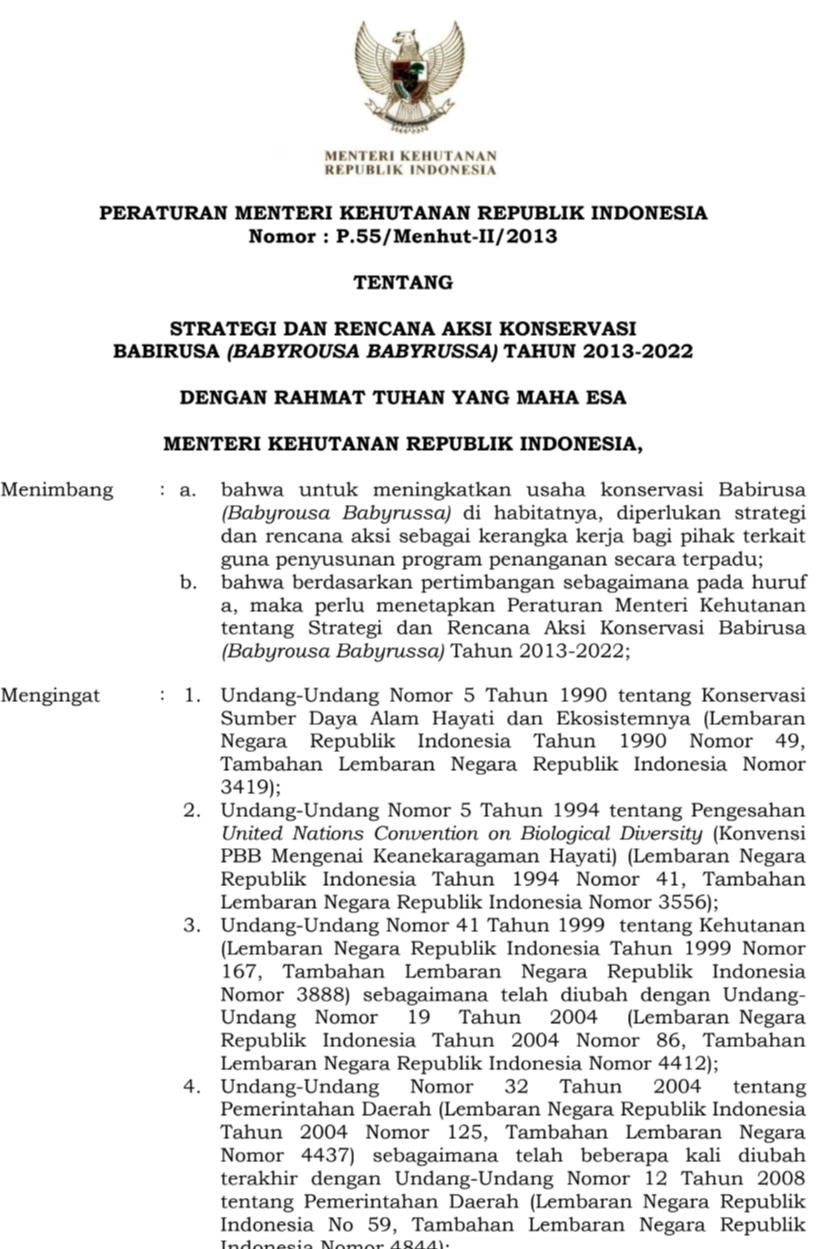 Dokumen SRAK STRATEGI DAN RENCANA AKSI KONSERVASI BABIRUSA (BABYROUSA BABYRUSSA) TAHUN 2013-2022