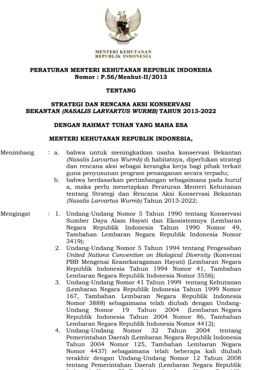 Dokumen SRAK Strategi dan Rencana Aksi Konservasi Bekantan (Nasalis Larvartus Wurmb) Tahun 2013-2022: